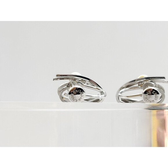 Abatract Modernist Ribbed Screw Back Sterling Faux Pearl Vintage Stud Earrings - Picture 3 of 10